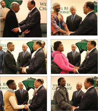 Min. Farrakhan and Rep. John Conyers, Jr. (D-MI). In all photos clockwise, Min. Farrakhan greets students from Chicago State University as the college’s president Wayne Watson looks on